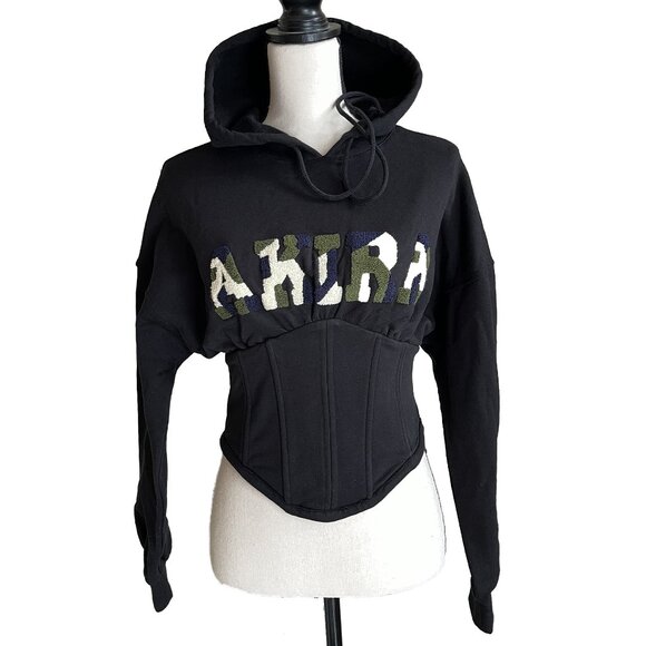 AKIRA Corset Sweatshirt Hoodie Black Tufted Applique Trim Size Small - Picture 2 of 9